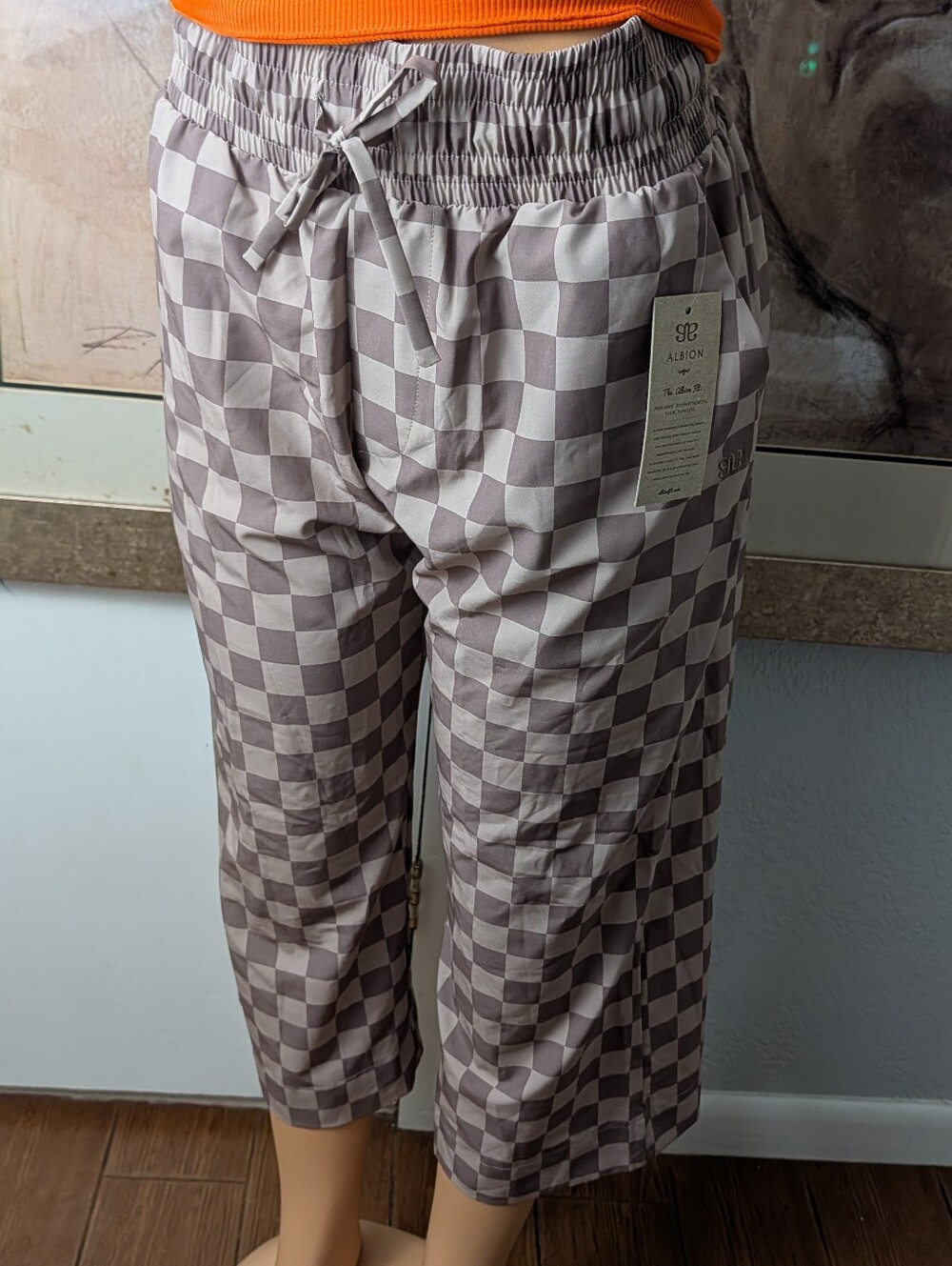 NWT Albion Fit Audrey  Brown Checkers Plaid Wide Leg Trousers Size S/P